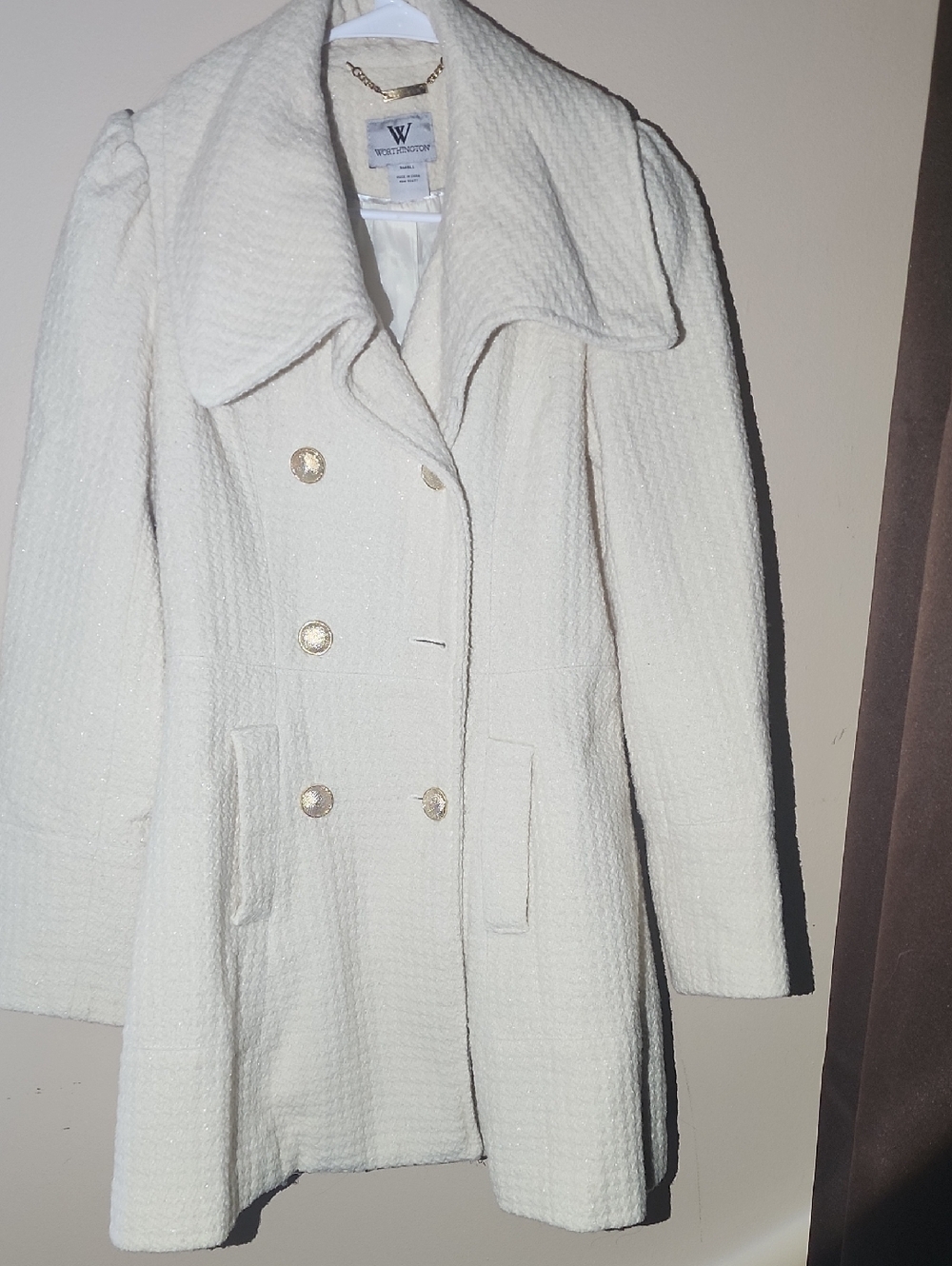 Worthington Cream Double-Breasted Textured Pea Coat